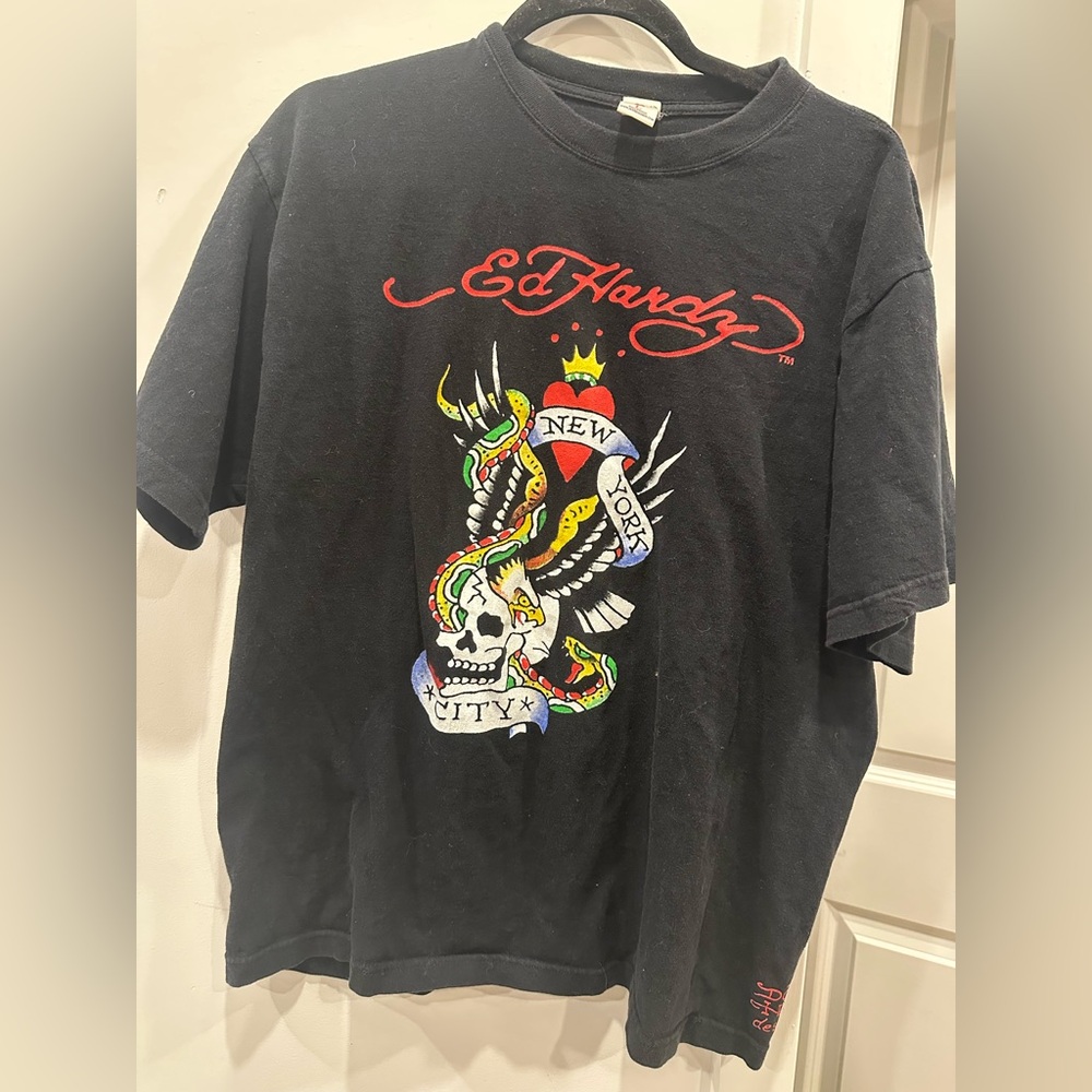 Ed Hardy Black Tee with Colorful Skull Design